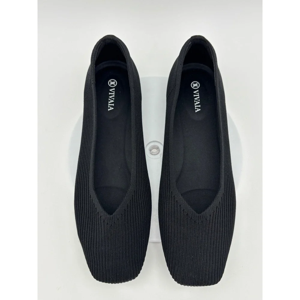 VIVIAI Black Square Toe Flat Ribbed Knit Ballet Margot 2.0 EU 41.5 Womens V Cut‎
